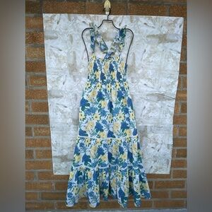 CELINA MOON Blue and Yellow Floral Maxi Dress XS